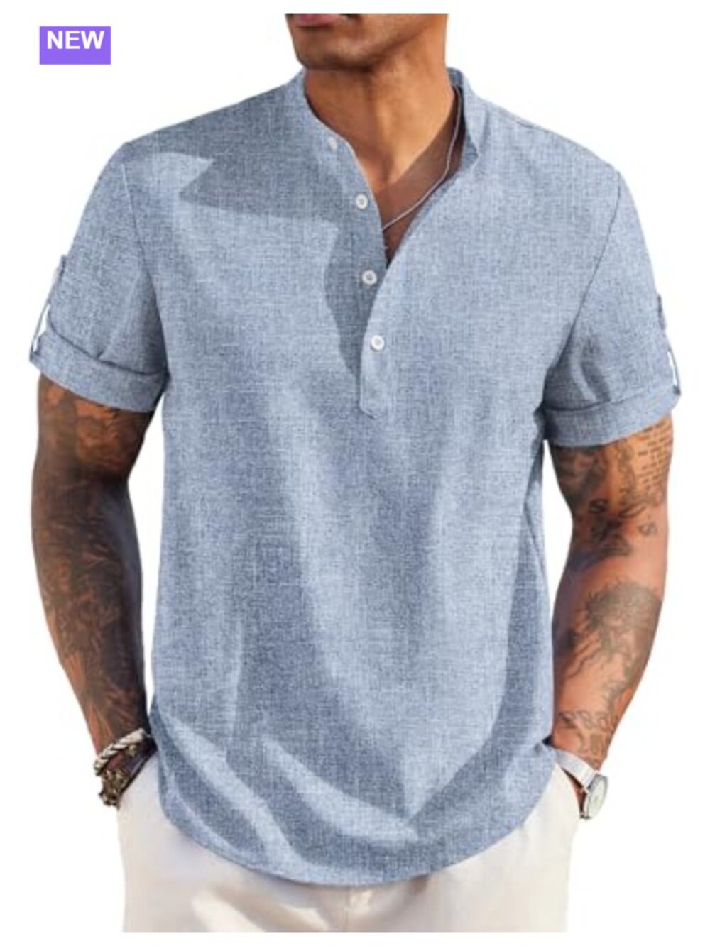 Men's Casual Henley Shirt Short Sleeve Linen Button Down Summer T-Shirt